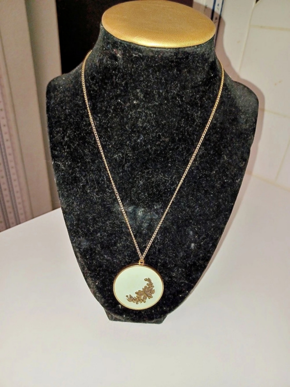 Brass & Green Butterfly Locket Necklace Like New